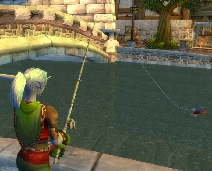 Elven character fishing in a canal in World of Warcraft