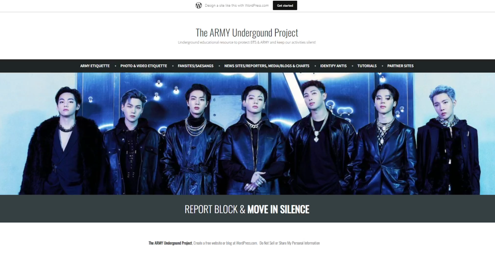 Screenshot of "The ARMY Underground Project" with image of BTS from their Proof era photos (including bullet holes in the metal wall behind them). Tagline "Report Block and Move in silence". Includes headers: ARMY Etiquette, Photo & Video Etiquette, Fansite/Saesangs, News sites/reporters, media/blogs & charts, Identify Antis, Tutorials, and Partner Sites