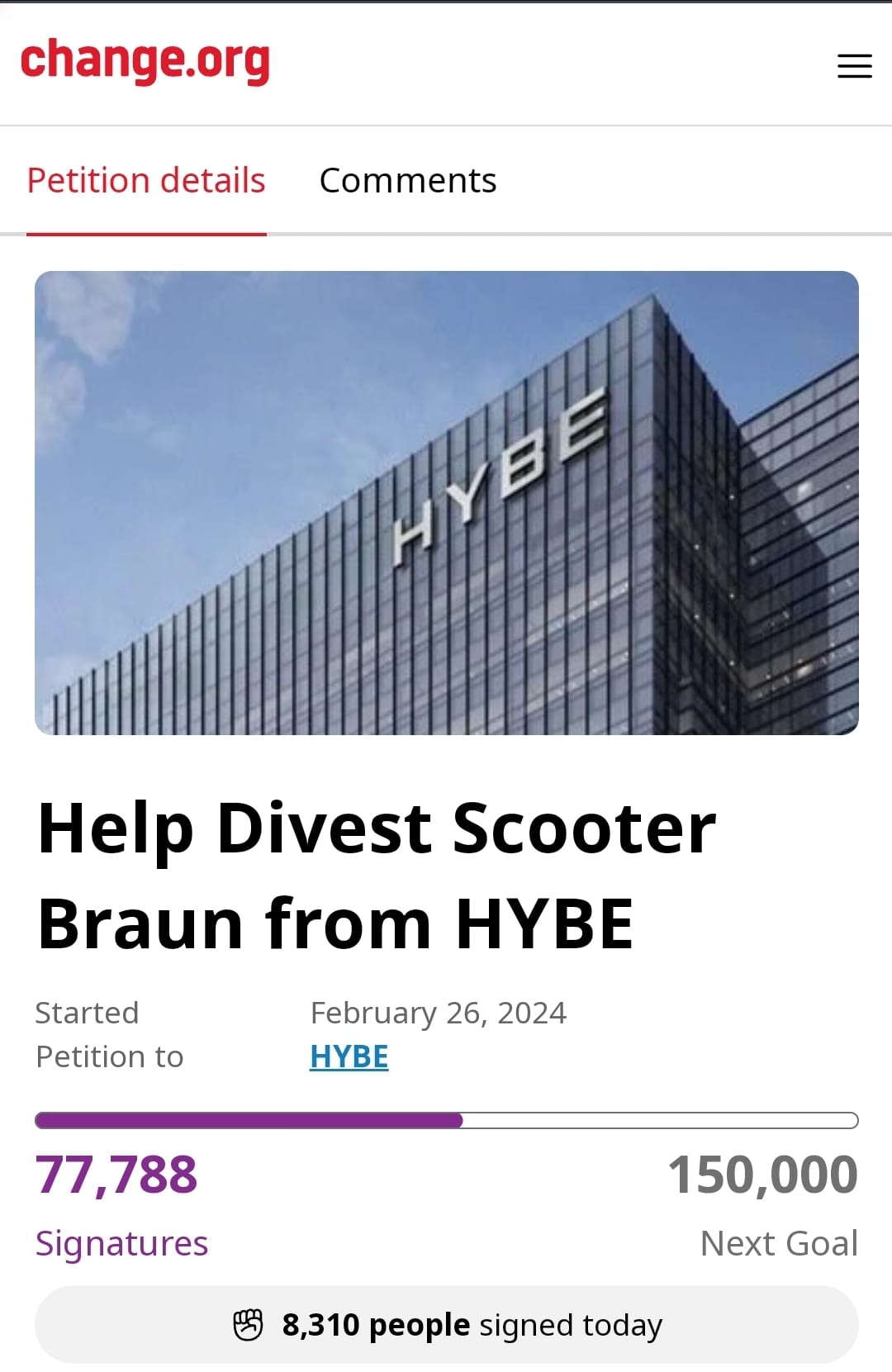 change.org petition "Help Divest Scooter Braun from HYBE" with 77,788 signatures. February 26, 2024.