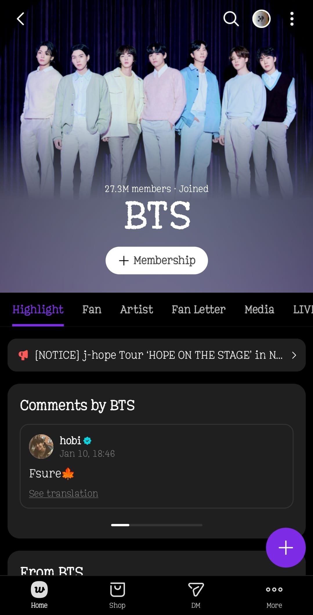 Screenshot of Weverse app on BTS page. Image of BTS and page with "Comments by BTS". Buttons along bottom include Weverse logo, shop, and DM.