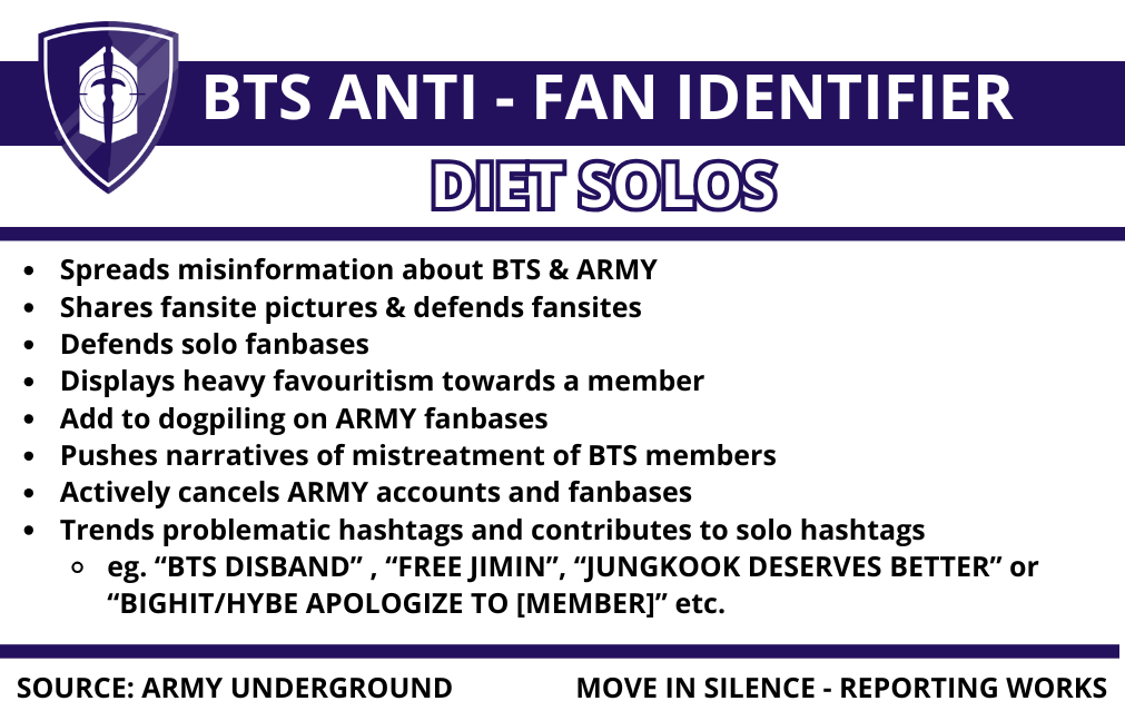 BTS anti-fan identifier, diet solos. Spread misinformation about BTS & ARMY. Shares fansite pcitures & defends fansites. Defends solo fanbases. Displays heavy favoritism towards a member. Add to dogpiling on ARMY fanbases. Pushes narratives of mistreatment of BTS members. Actively cancels ARMY accounts and fanbases. Trends problematic hashtags and contributes to solo hashtags, eg. "bts disband", "free jimin", "jungkook deserves better", or "bighit/hybe apologize to [member]" etc. Source: ARMY Underground, Move in silence - reporting works