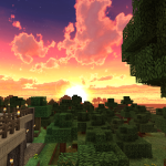 A sunset over the tops of trees in minecraft.