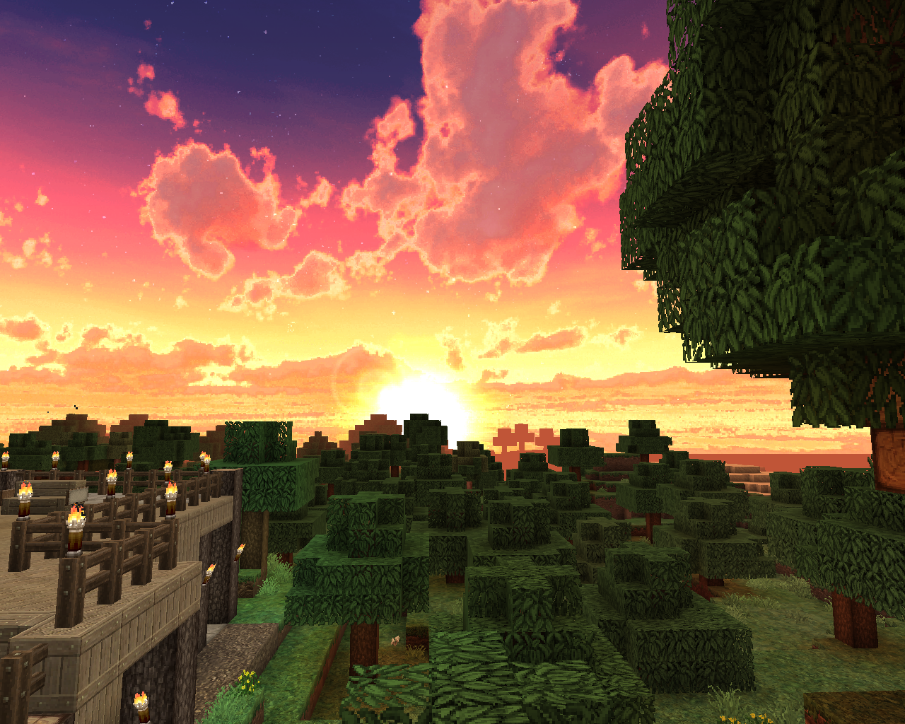 A sunset over the tops of trees in minecraft.
