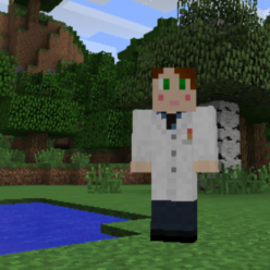 A Minecraft character next to a pond wearing a white lab coat with brown hair.
