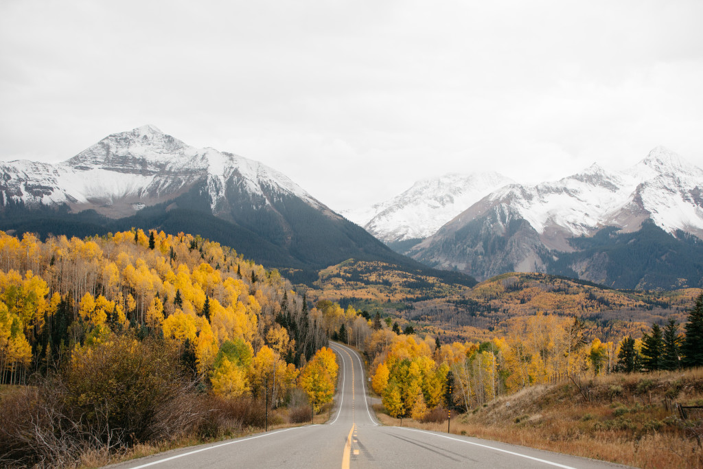 A paved road starting in foreground and going to horizon, fall leaves on trees in mid-ground, and snowy mountains in the background.