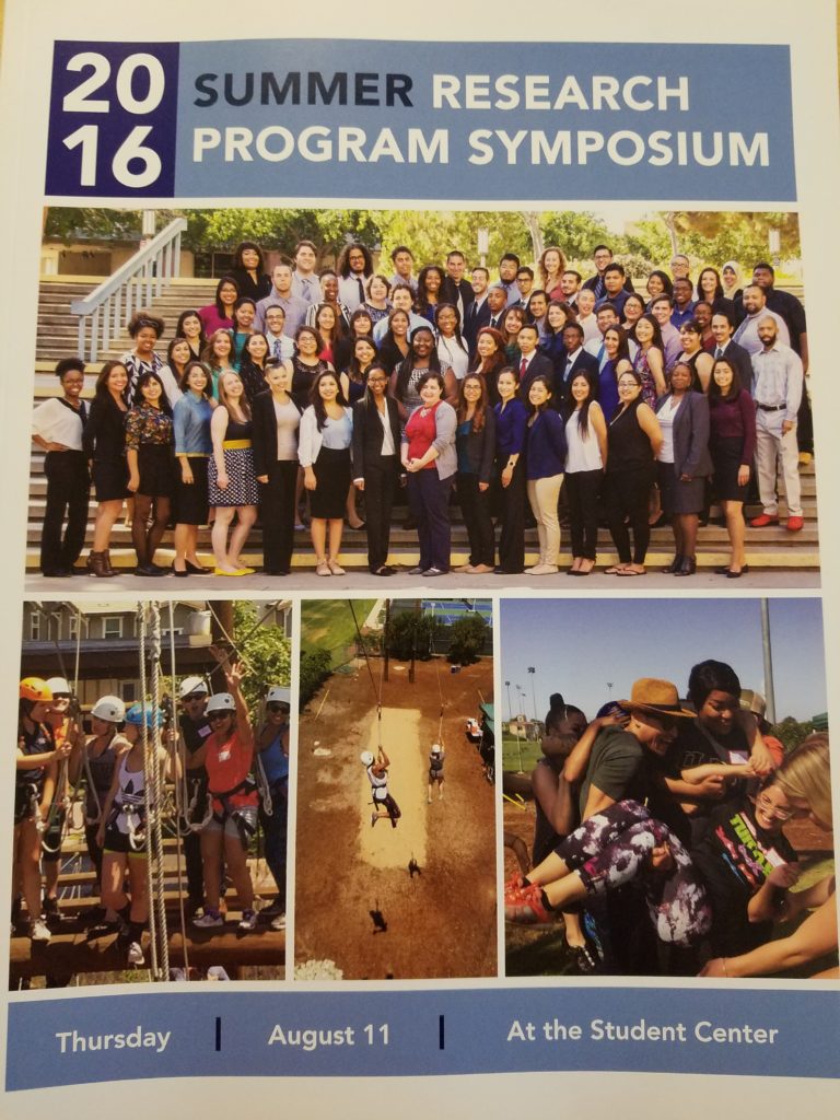 Cover of a booklet for the summer research symposium. Has images of students posing in a group and working together to finish an obstacle course.