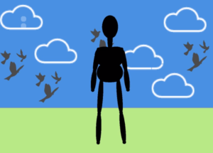 A shadow puppet with grass and clouds and birds flying in the background.