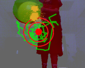 A silhouette of a boy's legs with a red target that has been painted over in green.