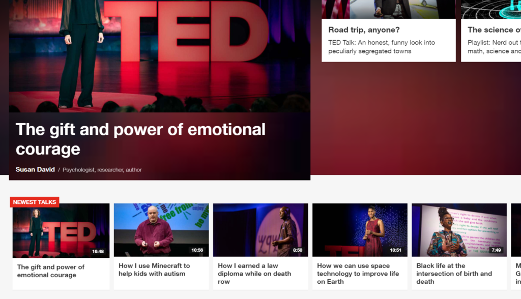 A screen shot of TED talk videos on the TED.com front page, with Stuart Duncan's talk in the bottom center.