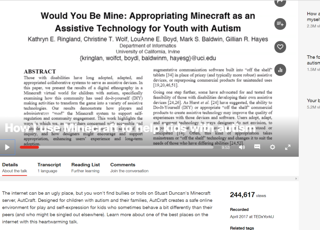 Screen shot of the TED video with an image of our research paper "would you be mine" and the details of the video in the bottom of the screen.