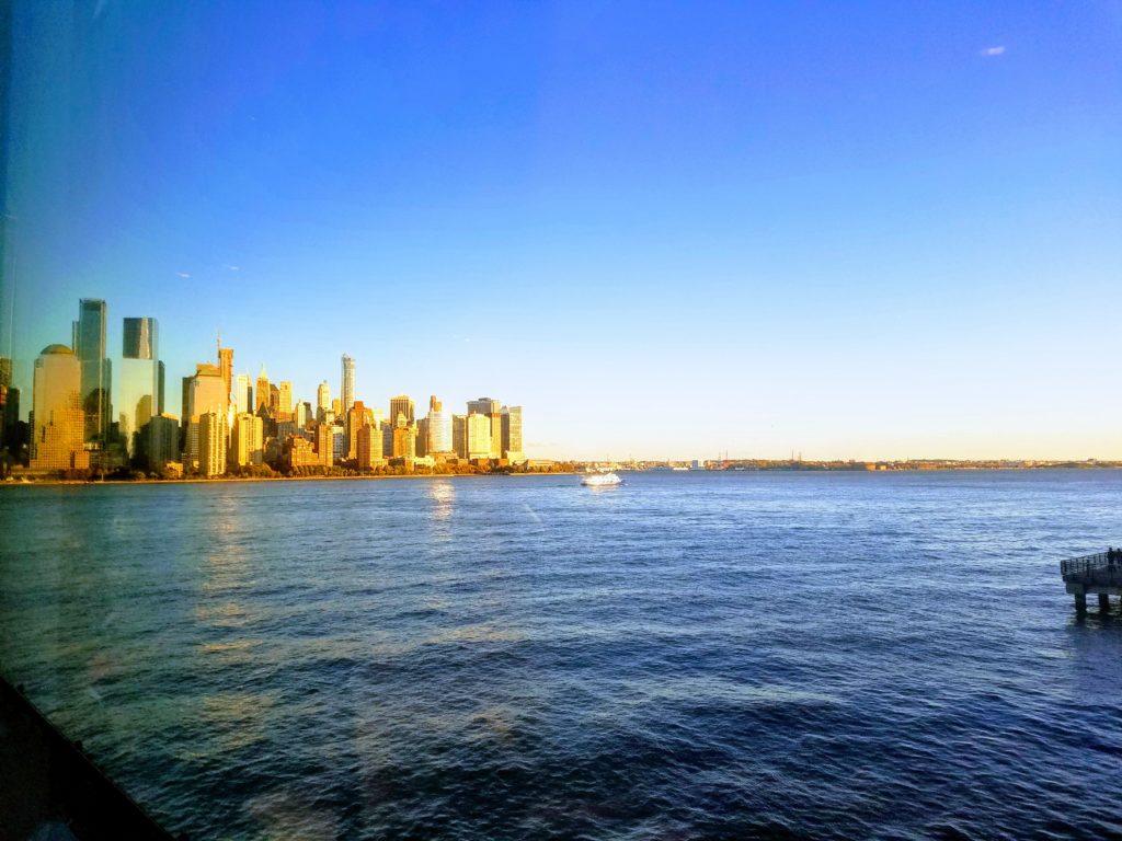 e Hudson River and the skyline of New York City.