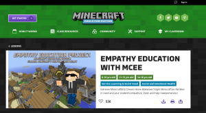 Screen shot of Minecraft Education Edition website with sample lesson "Empathy Education with MCEE".